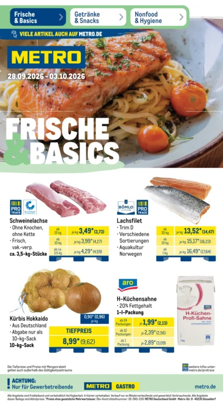 Metro Prospekt ab 28.09.2026 (KW 40) Metro Prospekt ab 28.09.2026 Seite 1 mit Schweinelachse, Lachsfilet, Kürbis Hokkaido und H-Küchensahne.