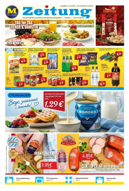 Mix Markt Prospekt ab 12.10.2026 (KW 42) Mix Markt Prospekt ab 12.10.2026 Seite 1 mit Pelmeni, Kondensmilch Sguschönka, Fleischwurst & Wareniki