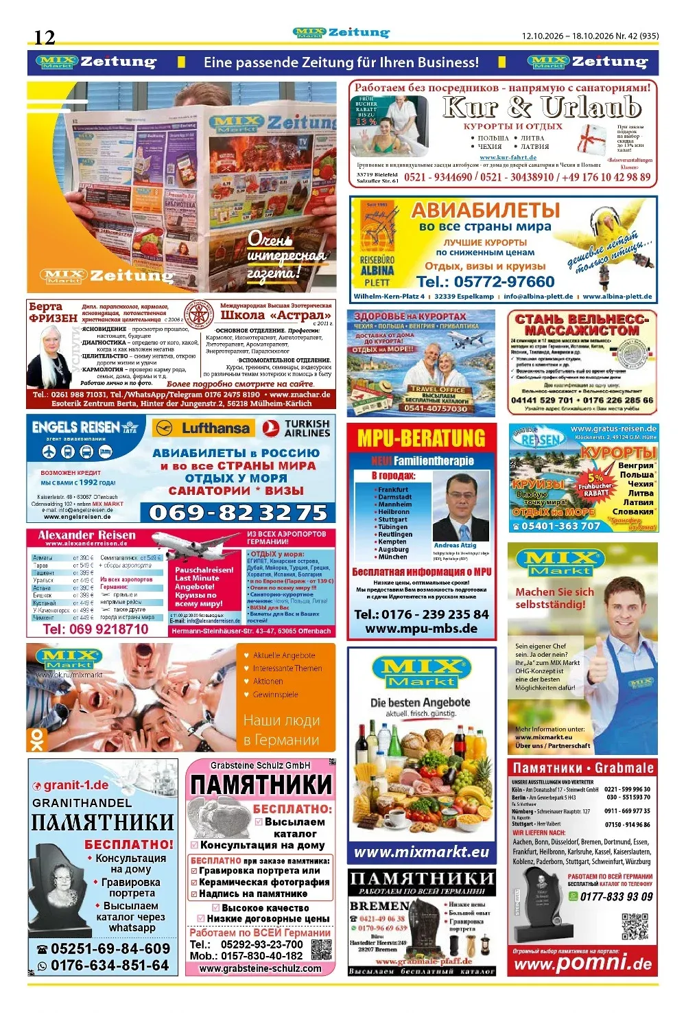 Mix Markt Prospekt KW 42 Seite 5 mit Reiseangeboten, Wellness-Ausbildung & Grabsteine-Anzeigen
