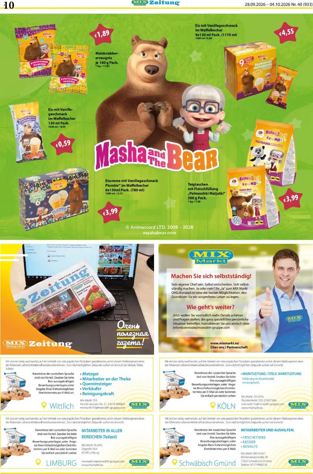 Mix Markt Prospekt KW40 Seite 3 mit Masha and the Bear Vanilleeis, Maisknabberzeug, Teigtaschen und Stellenanzeigen.