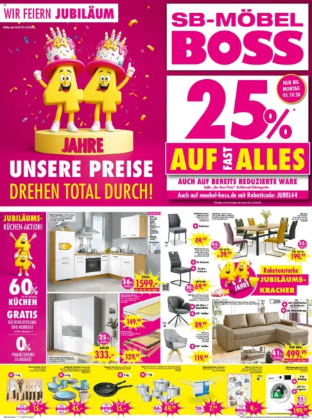 Möbel Boss Prospekt ab 26.09.2026 (KW 40) Möbel Boss Prospekt ab 26.09.2026 Seite 1 mit Einbauküche, Ecksofa, Esstisch, Stühlen, Matratze und Topfset.