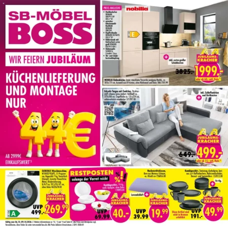 Möbel Boss Prospekt ab 06.10.2026 (KW 41) Möbel Boss Prospekt ab 06.10.2026 Seite 1 mit Nobilia Einbauküche, Ecksofa, Gorenje Waschmaschine und Geschirr