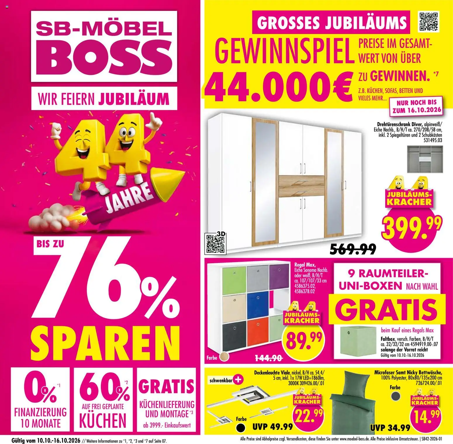 Möbel Boss Prospekt ab 10.10.2026 Seite 1 mit Drehtürenschrank Diver, Regal Max, Deckenleuchte Viale & Bettwäsche Nicky