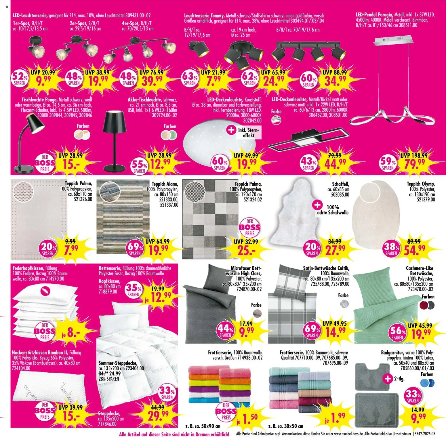 Möbel Boss Prospekt KW 42 Seite 3 mit LED-Leuchtenserie, Teppich Palma, Federkopfkissen & Microfaser Bettwäsche High Class