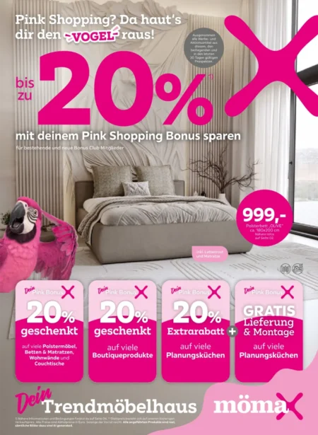 Mömax Prospekt ab 21.09.2026 (KW 39–40) Mömax Prospekt ab 21.09.2026 Seite 1 mit Polsterbett, Betten, Matratzen, Couchtische und Planungsküchen.