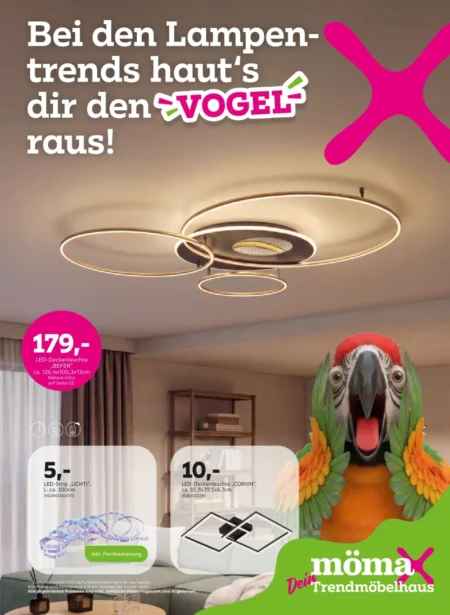 Mömax Prospekt ab 28.09.2026 (KW 40) Mömax Prospekt ab 28.09.2026 Seite 1 mit LED-Deckenleuchten Befer und Corvin sowie LED-Strip Lichti.