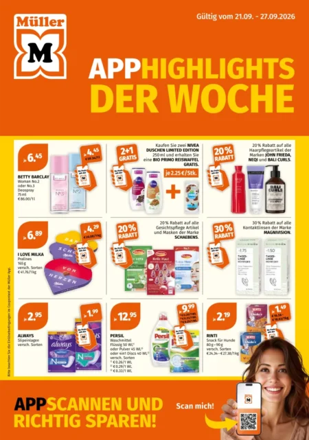 Müller Prospekt ab 21.09.2026 (KW 39) Müller Prospekt ab 21.09.2026 Seite 1 mit Betty Barclay, Nivea, Milka, Schaebens, Persil und Rinti.
