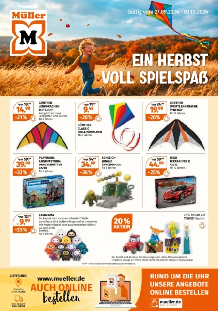 Müller Prospekt ab 28.09.2026 (KW 40) Müller Prospekt ab 27.09.2026 Seite 1 mit Lenkdrachen, Playmobil Drachenritter, Schleich, Lego Ferrari und Tonies.