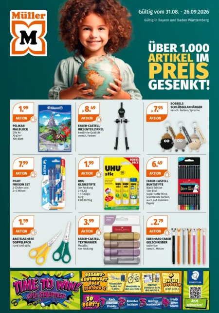 Müller Schulbedarf-Angebote im Prospekt ab 07.09.2026 Müller Schulbedarf Angebote ab 07.09.2026 Seite 1 mit Angeboten für Pelikan Malblock, UHU Klebestift und Buntstifte