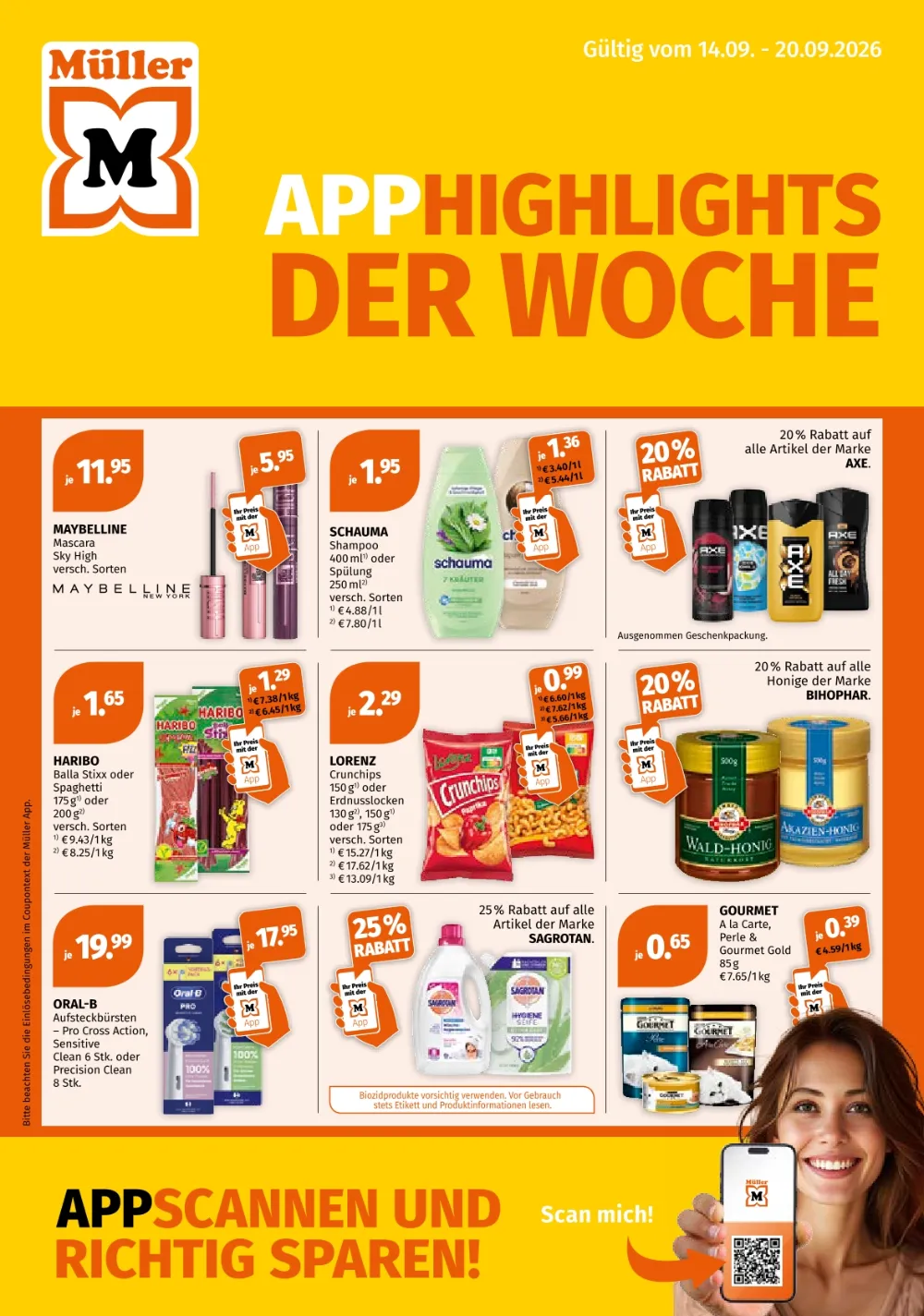 Müller Prospekt ab 14.09.2026 Seite 1 mit Maybelline Mascara, Schauma, Haribo, Crunchips, Oral-B und Sagrotan