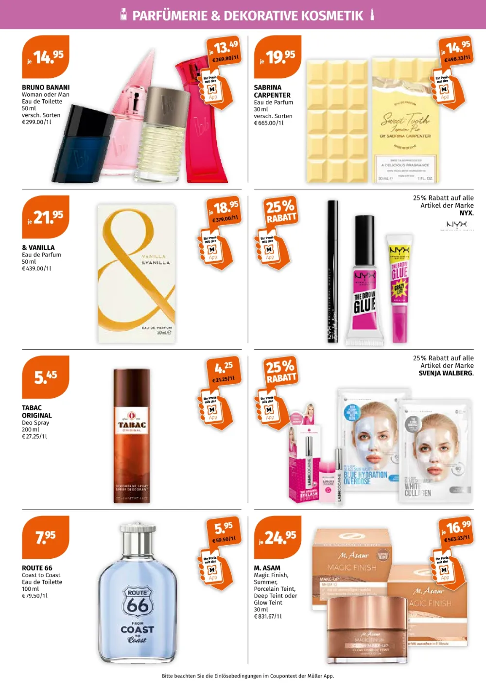 Müller Prospekt KW 38 Seite 2 mit Bruno Banani Parfum, Sabrina Carpenter, NYX Kosmetik, Tabac und M. Asam