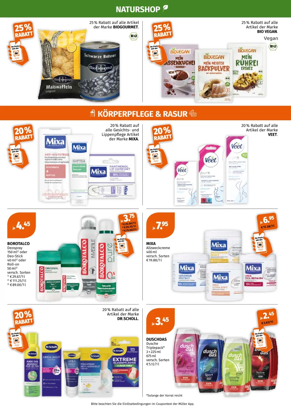 Müller Prospekt KW 38 Seite 3 mit BioGourmet, Mixa Hautpflege, Veet, Borotalco Deo, Dr. Scholl und Duschdas