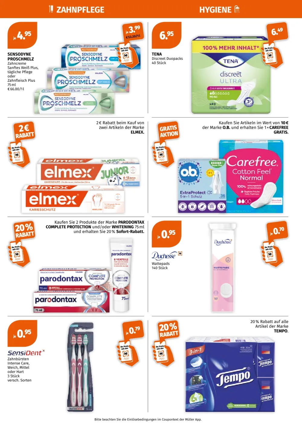 Müller Prospekt KW 38 Seite 5 mit Sensodyne, Tena, Elmex Zahnpasta, o.b., Parodontax, Duchesse und Tempo