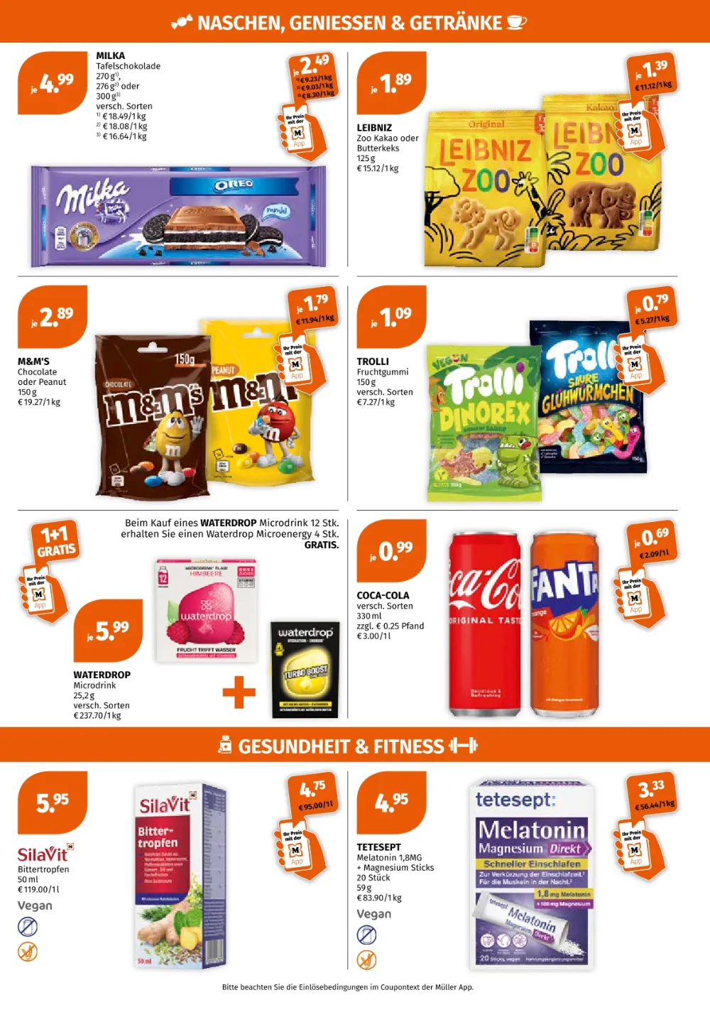 Müller Prospekt KW 38 Seite 7 mit Milka Schokolade, Leibniz Zoo, M&M's, Trolli, Coca-Cola und Tetesept