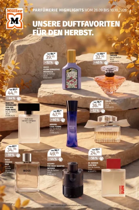 Müller Prospekt ab 28.09.2026 (KW 40–41) Parfümerie Müller Prospekt ab 28.09.2026 Seite 1 mit Gucci Flora, Lancôme Trésor, Narciso Rodriguez, Armani Code und Chloé.