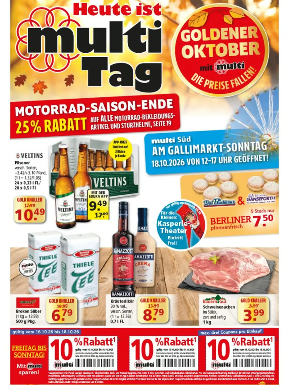 Multi Markt Angebote ab 16.10.2026 Seite 1 mit angeboten für Veltins Pilsener, Berliner, Thiele Tee & Schweinenacken
