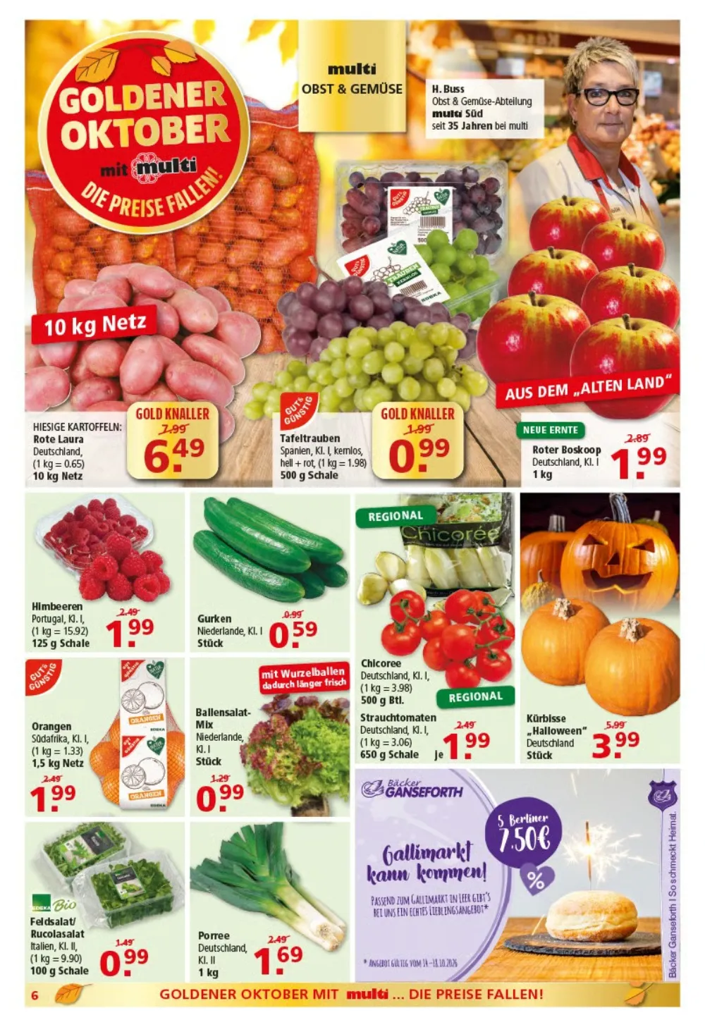 Multi Markt Angebote KW 42 Seite 6 mit angeboten für Kartoffeln Rote Laura, Tafeltrauben, Roter Boskoop & Himbeeren   