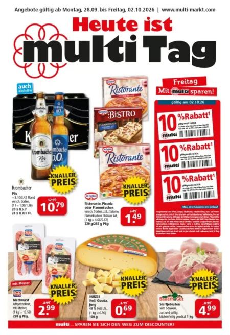 Multi Markt Angebote im Prospekt ab 28.09.2026 (KW 40) Multi Markt Angebote ab 28.09.2026 Seite 1 mit angeboten für Krombacher Pils, Ristorante Pizza, Mettwurst und Gouda.