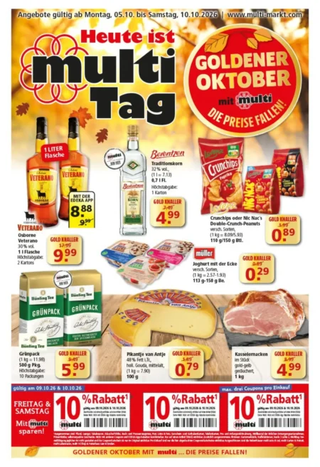 Multi Markt Prospekt ab 05.10.2026 (KW 41) Multi Markt Prospekt ab 05.10.2026 Seite 1 mit Osborne Veterano, Berentzen Korn, Crunchips, Bünting Tee und Kasseler