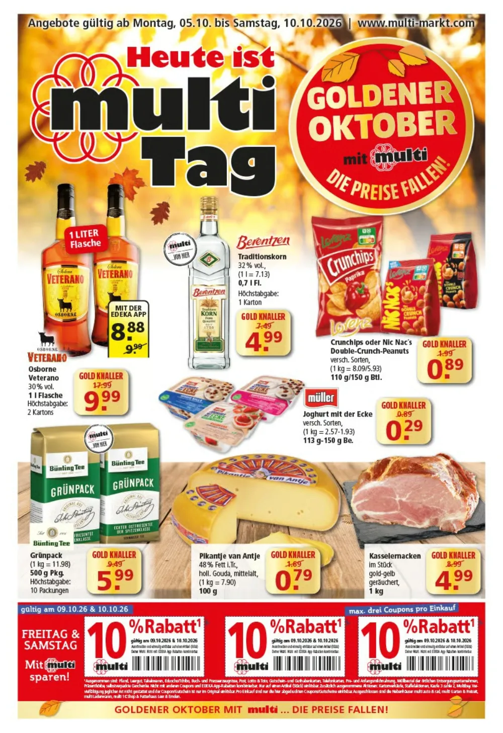 Multi Markt Prospekt ab 05.10.2026 Seite 1 mit Osborne Veterano, Berentzen Korn, Crunchips, Bünting Tee und Kasseler