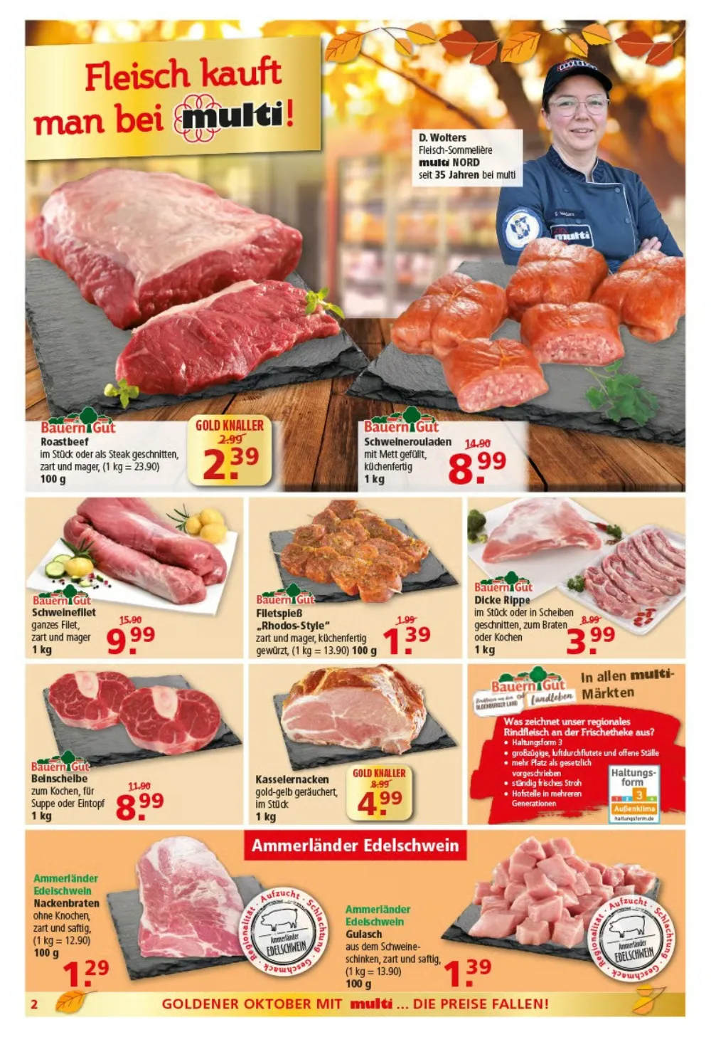 Multi Markt Prospekt KW 41 Seite 2 mit Roastbeef, Schweinerouladen, Schweinefilet, Filetspieß, Beinscheibe und Gulasch