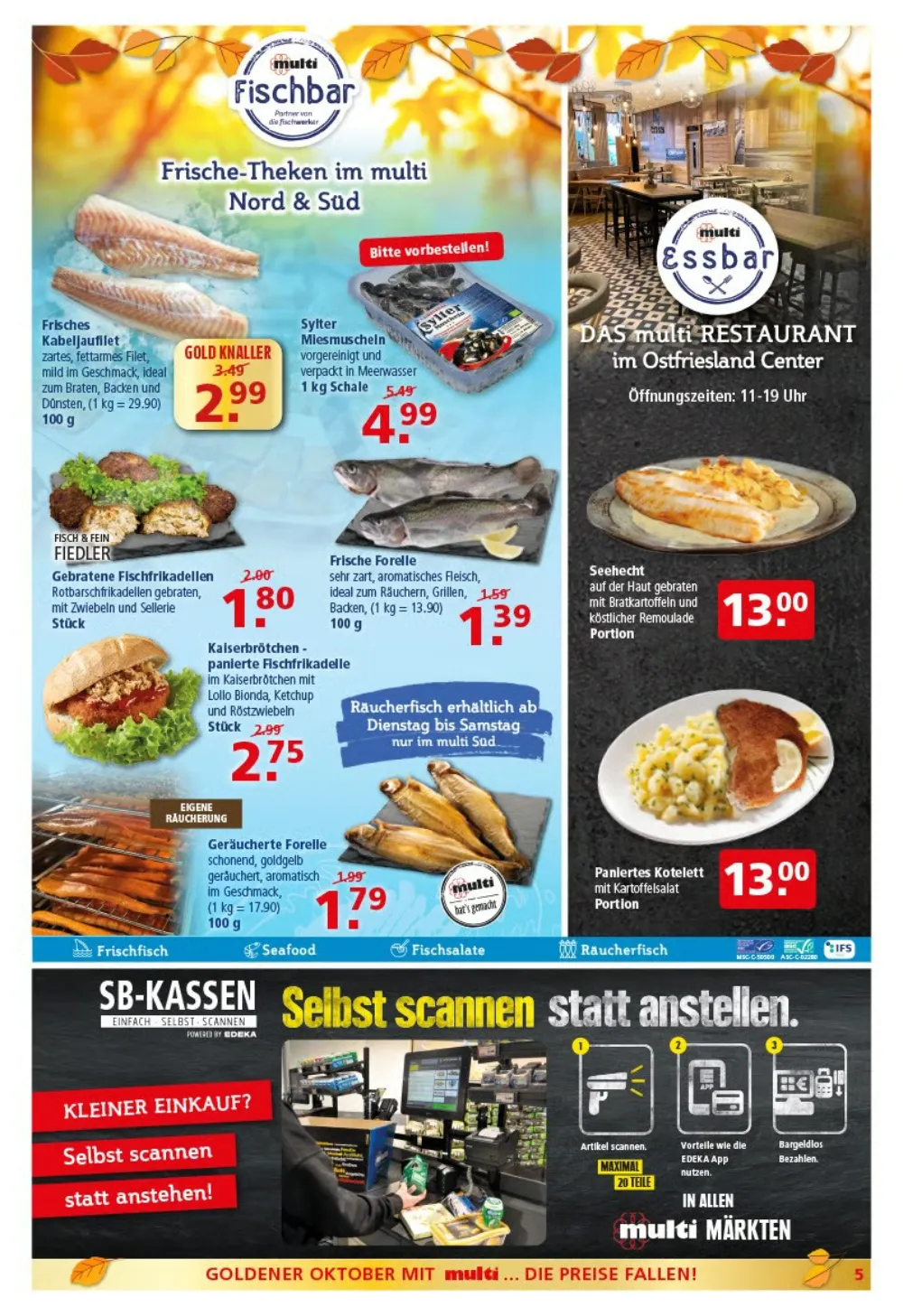 Multi Markt Prospekt KW 41 Seite 5 mit Kabeljaufilet, Miesmuscheln, Fischfrikadellen, Forellen, Seehecht und Kotelett