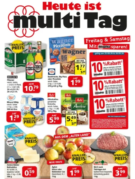 Multi Markt Prospekt ab 21.09.2026 (KW 39) Multi Markt Prospekt ab 21.09.2026 Seite 1 mit Bier, Pizza, Filterkaffee, Butterkäse, Äpfeln und Mett.
