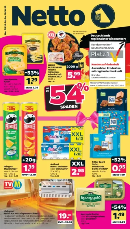 Netto Angebote im Prospekt ab 05.10.2026 (KW 41) Netto Angebote ab 05.10.2026 Seite 1 mit Angeboten für Leerdammer, Hähnchenschenkel, Pringles, Ritter Sport und Kerrygold.