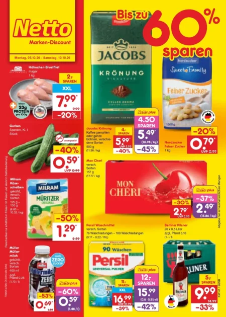 Netto Marken-Discount Prospekt ab 05.10.2026 (KW 41) Netto Marken-Discount Prospekt ab 05.10.2026 Seite 1 mit Jacobs Krönung, Hähnchenbrustfilet, Milram und Persil.