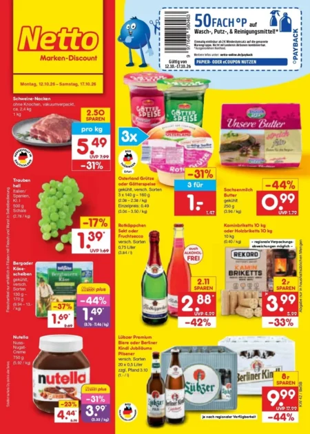 Netto Marken-Discount Prospekt ab 12.10.2026 (KW 42) Netto Marken-Discount Prospekt ab 12.10.2026 Seite 1 mit Schweinenacken, Trauben, Butter, Sekt, Nutella & Bier