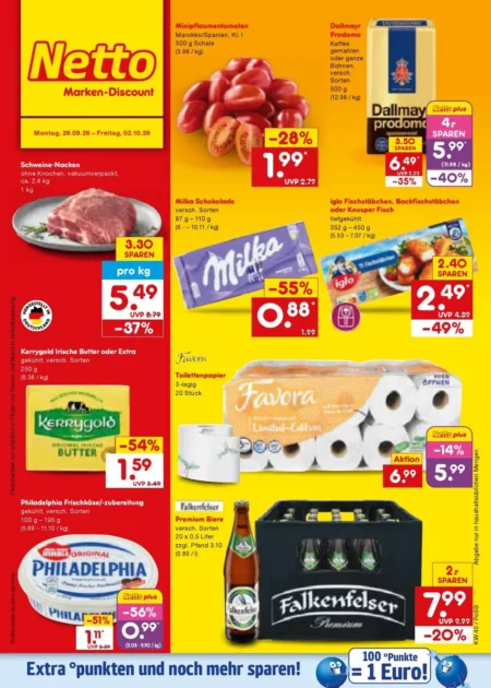 Netto Marken-Discount Prospekt ab 28.09.2026 (KW 40) Netto Marken-Discount Prospekt ab 28.09.2026 Seite 1 mit Dallmayr, Milka, Iglo, Kerrygold und Philadelphia.
