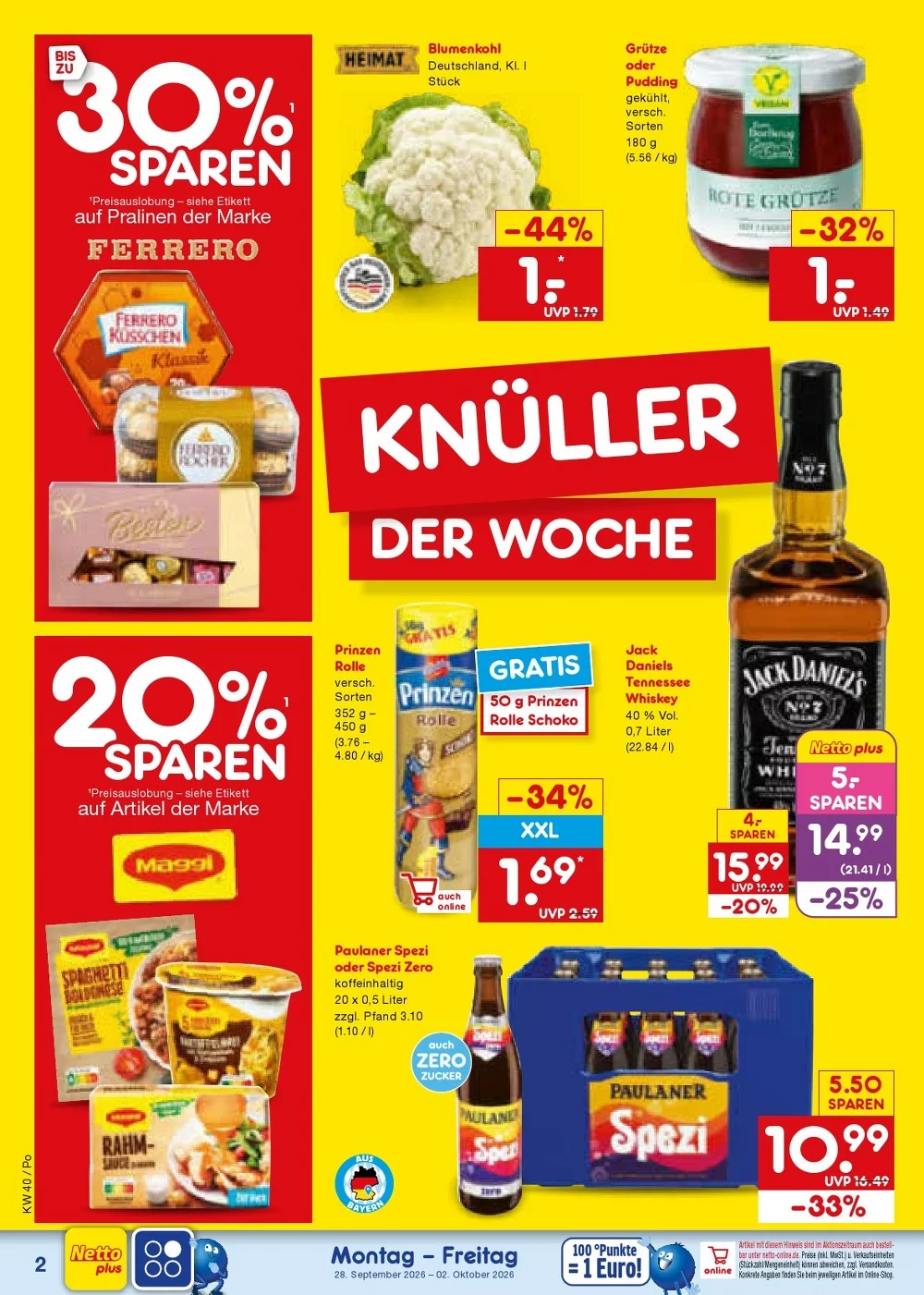 Netto Marken-Discount Prospekt KW 40 Seite 2 mit Ferrero, Maggi, Prinzen Rolle, Jack Daniels und Paulaner Spezi.
