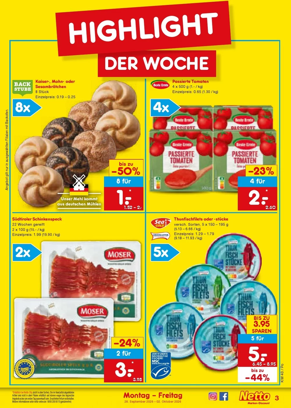 Netto Marken-Discount Prospekt KW 40 Seite 3 mit Kaiserbrötchen, Passierte Tomaten und Schinkenspeck.