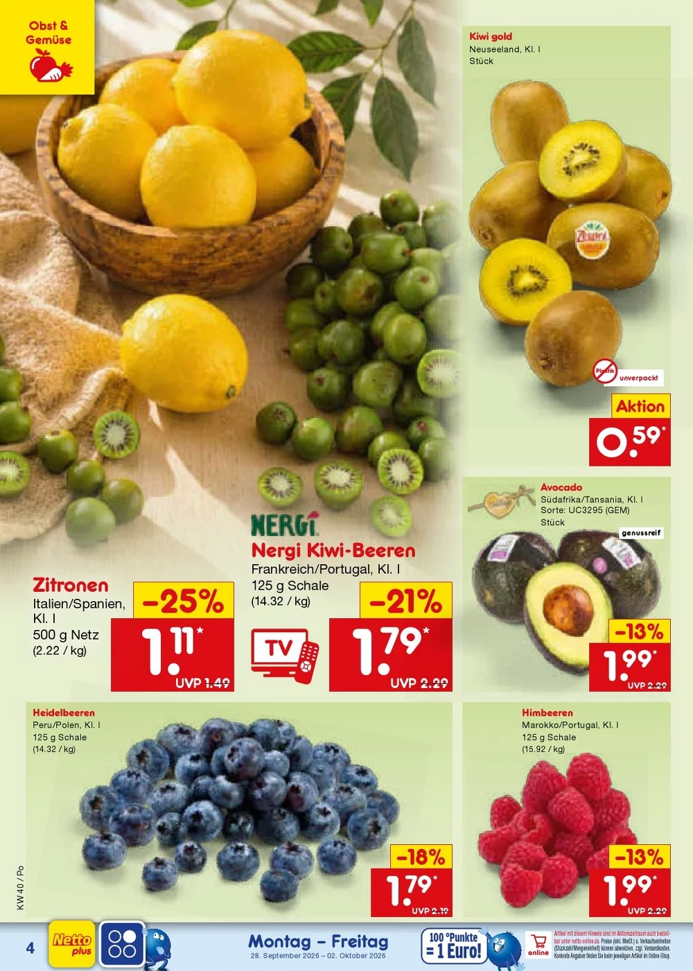 Netto Marken-Discount Prospekt KW 40 Seite 4 mit Zitronen, Kiwi-Beeren, Avocado, Heidelbeeren und Himbeeren.