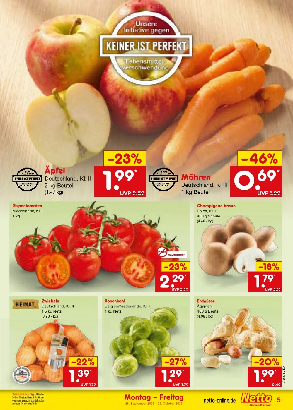 Netto Marken-Discount Prospekt KW 40 Seite 5 mit Äpfeln, Möhren, Rispentomaten, Champignons und Rosenkohl.