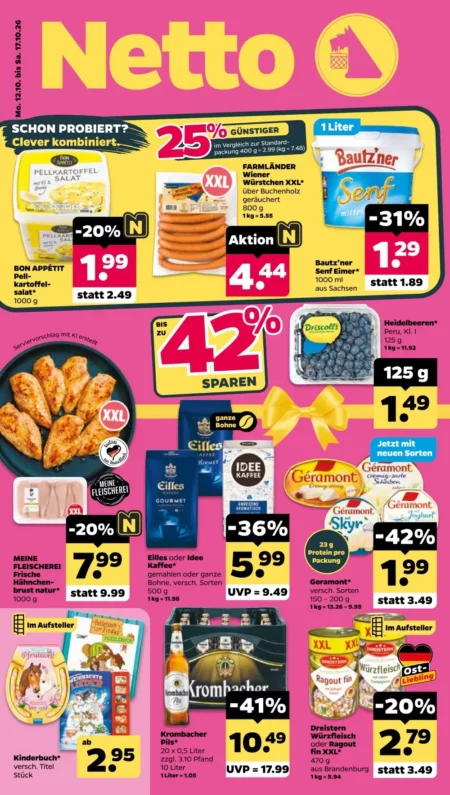 Netto Prospekt ab 12.10.2026 (KW 42) Netto Prospekt ab 12.10.2026 Seite 1 mit Pellkartoffelsalat, Wiener Würstchen, Bautz'ner Senf, Hähnchenbrust, Kaffee & Krombacher