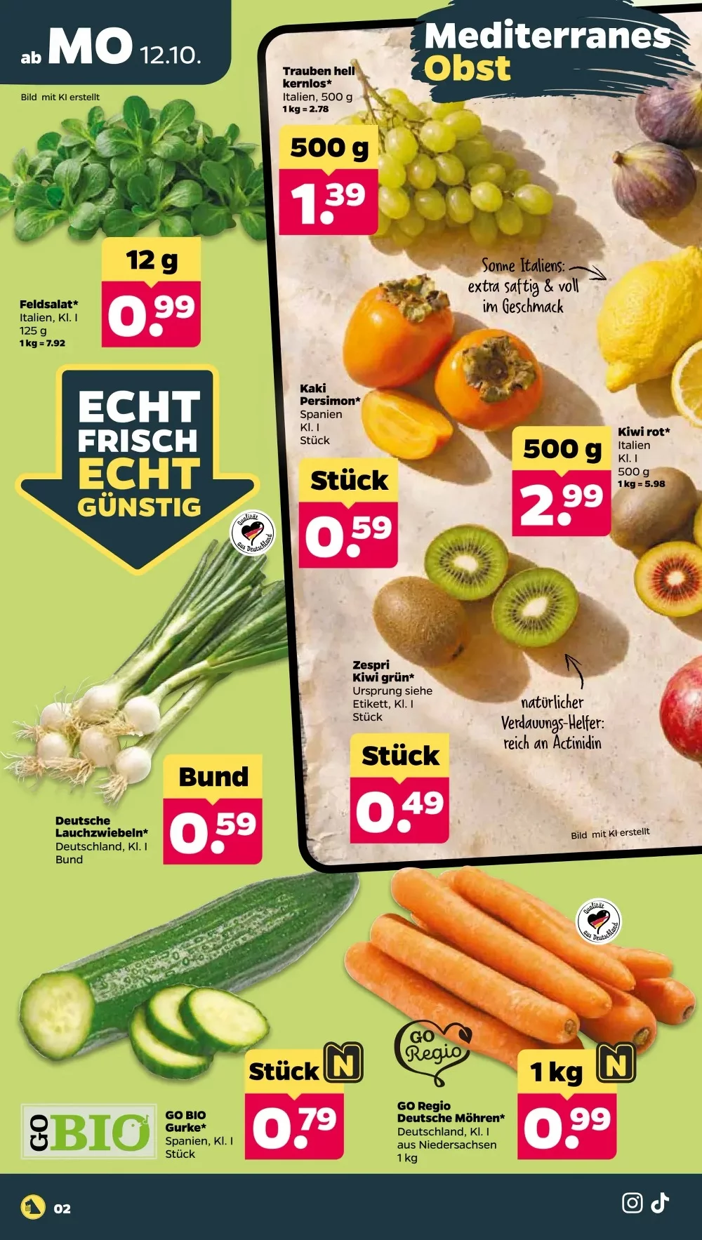 Netto Prospekt KW 42 Seite 2 mit Feldsalat, Trauben, Kaki Persimon, Kiwis, Lauchzwiebeln, Bio-Gurke & Möhren