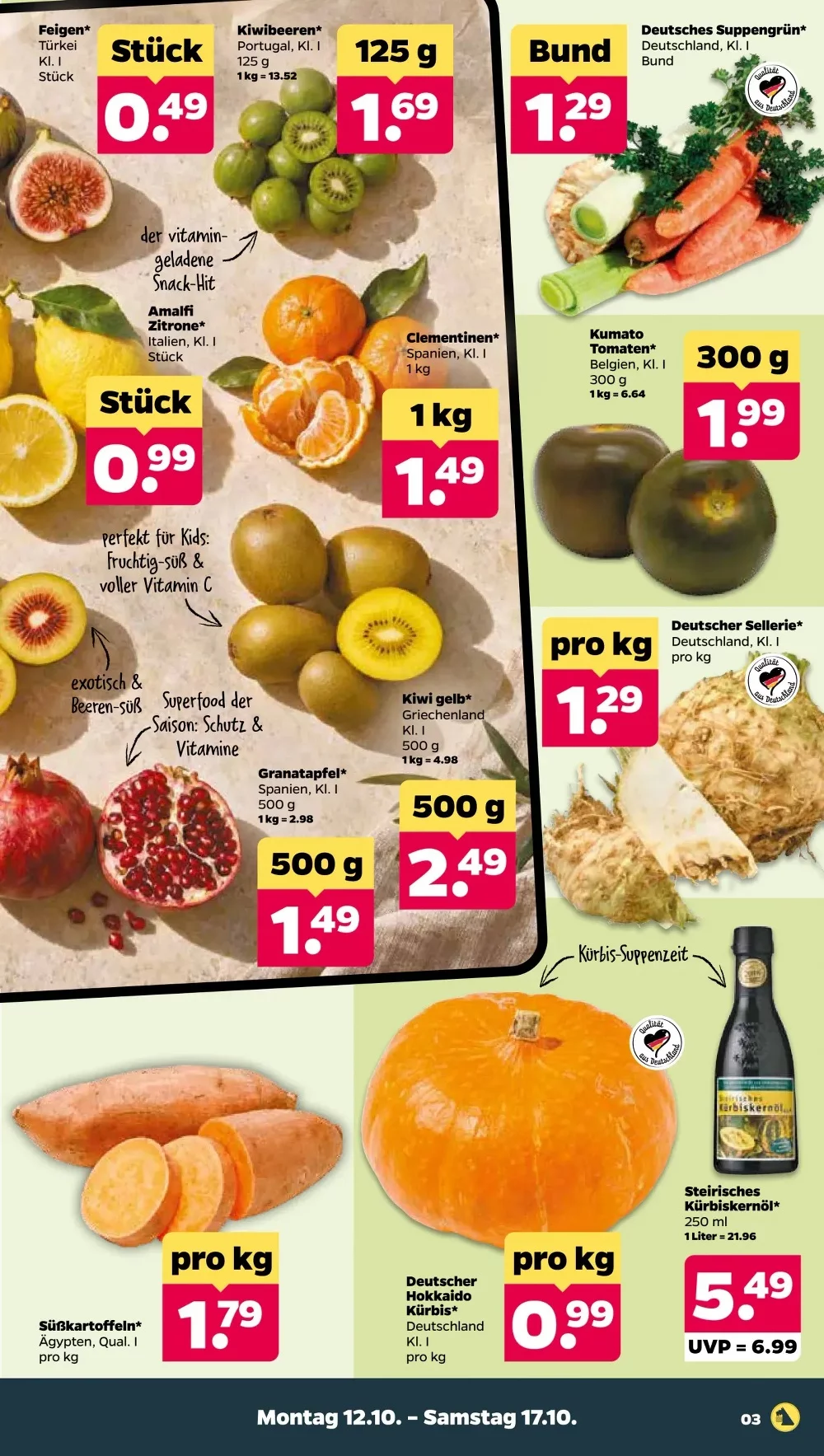 Netto Prospekt KW 42 Seite 3 mit Feigen, Kiwibeeren, Zitronen, Clementinen, Granatapfel, Süßkartoffeln, Kürbis & Suppengrün