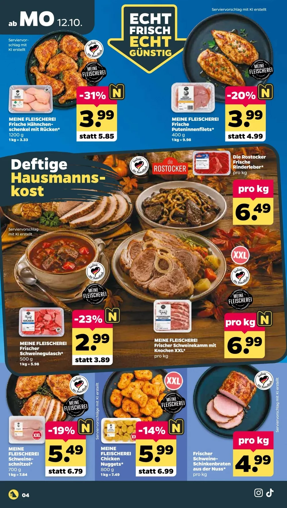 Netto Prospekt KW 42 Seite 4 mit Hähnchenschenkeln, Puteninnenfilets, Rinderleber, Schweinegulasch, Schnitzel & Chicken Nuggets
