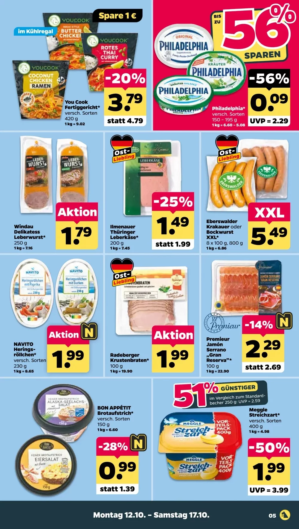 Netto Prospekt KW 42 Seite 5 mit Fertiggerichten, Philadelphia, Leberwurst, Leberkäse, Krakauer, Heringsröllchen & Meggle
