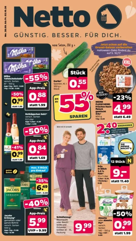 Netto Prospekt ab 28.09.2026 (KW 40) Netto Prospekt ab 28.09.2026 Seite 1 mit Milka Schokolade, Rotkäppchen Sekt, Gurke, Hackfleisch und Schlafanzug.