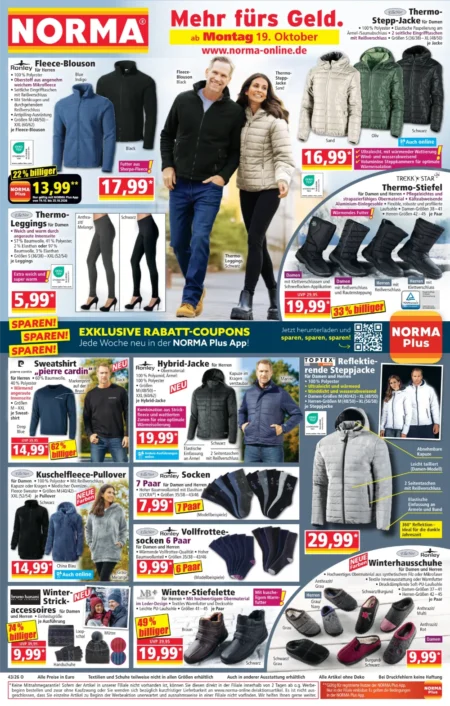 Norma Angebote im Prospekt ab 19.10.2026 (KW 43) Norma Angebote ab 19.10.2026 Seite 1 mit angeboten für Ronley Fleece-Blouson, Thermo-Stepp-Jacke, Leggings & Winter-Stiefelette