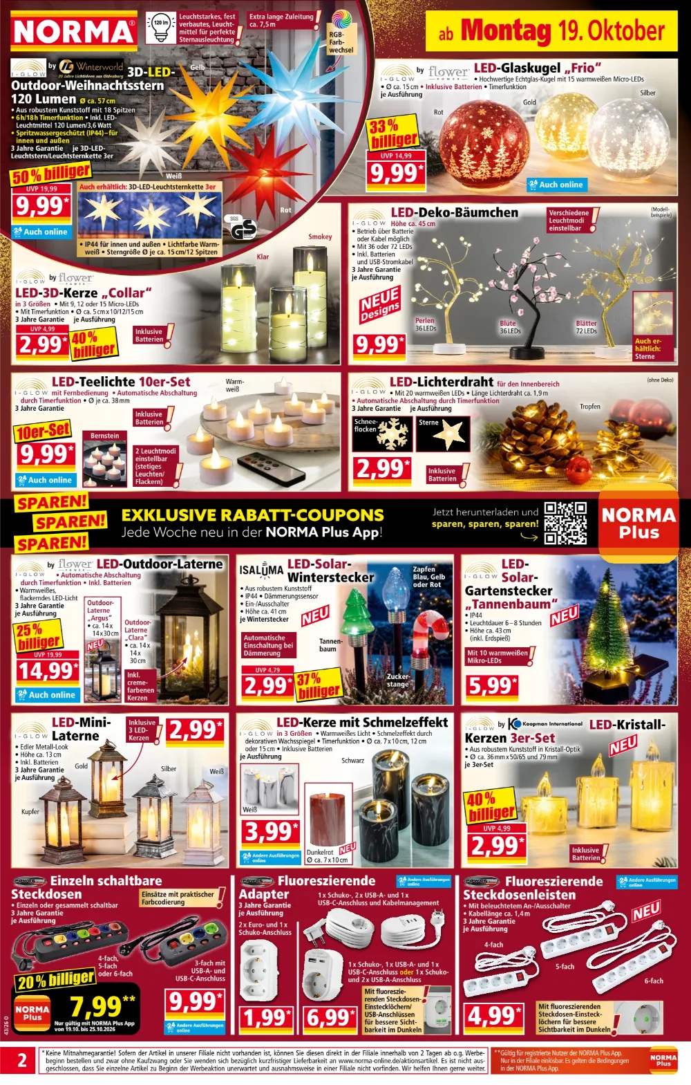 Norma Angebote KW 43 Seite 2 mit angeboten für 3D-LED-Outdoor-Weihnachtsstern, LED-Glaskugel, Deko-Bäumchen & Steckdosen