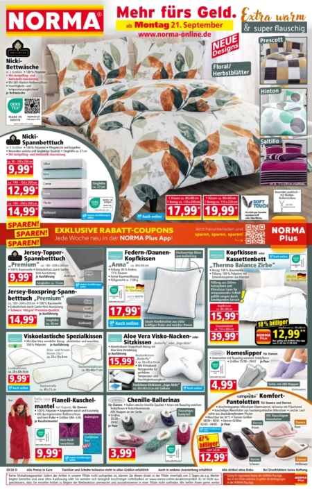 Norma Angebote im Prospekt ab 21.09.2026 (KW 39) NORMA Angebote ab 21.09.2026 Seite 1 mit Angeboten für Nicki-Bettwäsche, Spannbetttuch und Kopfkissen