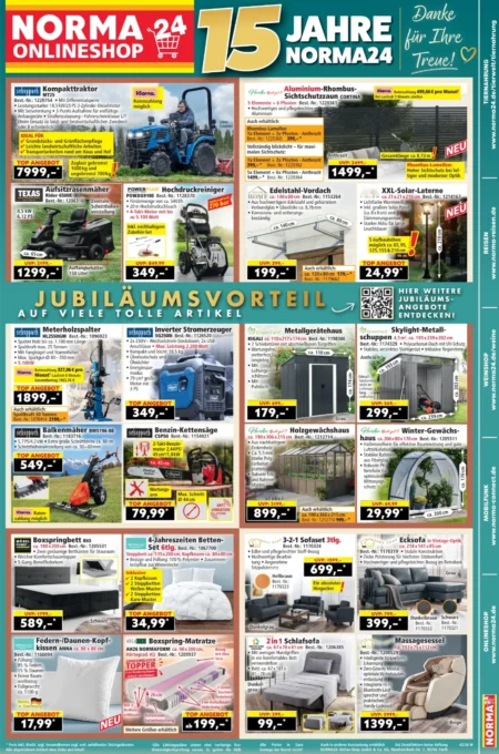 Norma Online Prospekt nächste Woche ab 12.10.2026 (KW 42) NORMA Online Angebote ab 12.10.2026 Seite 1 mit Angeboten für Kompakttraktor, Holzspalter, Gerätehaus und Boxspringbett