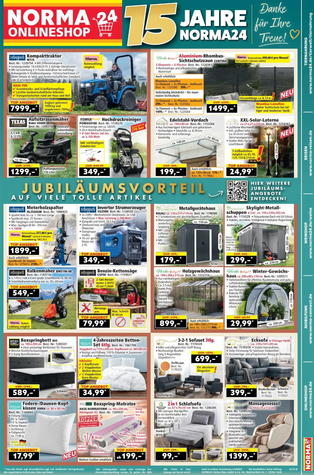 NORMA Online Angebote ab 12.10.2026 Seite 1 mit Angeboten für Kompakttraktor, Holzspalter, Gerätehaus und Boxspringbett