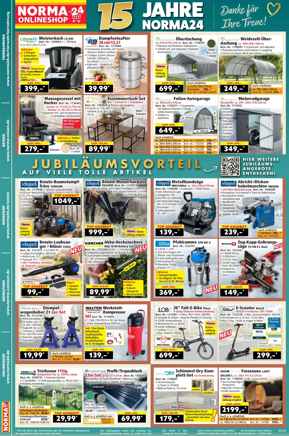 NORMA Online Angebote KW 42 Seite 2 mit Angeboten für Dampfentsafter, Baumstumpffräse, Häcksler, E-Bike und Fasssauna