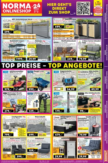 Norma Online Prospekt nächste Woche ab 28.09.2026 (KW 40) Norma Online Angebote ab 28.09.2026 Seite 1 mit Angeboten für Sichtschutzzaun, Mülltonnenbox, Carport und Rasenmäher.