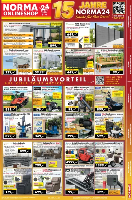 Norma Online Prospekt ab 05.10.2026 (KW 41) NORMA24 Prospekt ab 05.10.2026 Seite 1 mit Terrassendach, Gewächshaus, Mülltonnenverkleidung und E-Seniorenmobil.