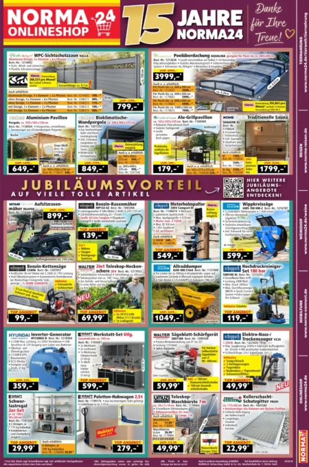 Norma Online Prospekt ab 19.10.2026 (KW 43) Norma24 Prospekt ab 19.10.2026 Seite 1 mit WPC-Sichtschutzzaun, Poolüberdachung, Aufsitzrasenmäher & Benzin-Rasenmäher